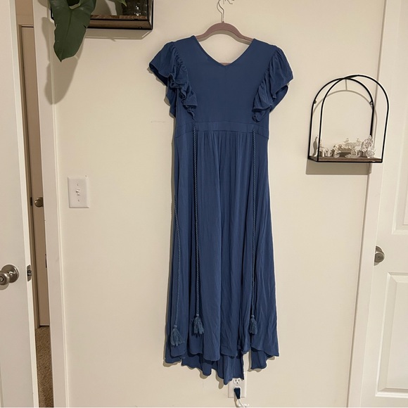 Baltic Born Blue V Neck Flutter Ruffle Short Sleeve Side Slit Midi Maxi Dress Lg - Picture 2 of 8